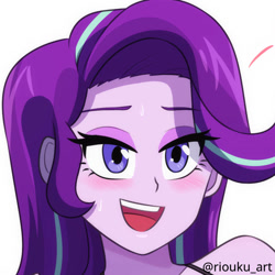 Size: 894x894 | Tagged: safe, artist:riouku, starlight glimmer, equestria girls, g4, beautiful, beautiful eyes, beautiful hair, bedroom eyes, blushing, commission, cropped, cute, female, glimmerbetes, lidded eyes, open mouth, open smile, simple background, smiling, solo, sweat, white background