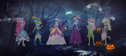 Size: 1280x568 | Tagged: safe, artist:3d4d, applejack, fluttershy, pinkie pie, rainbow dash, rarity, twilight sparkle, alicorn, ghost, undead, equestria girls, g4, clothes, coronation dress, dress, flutterghost, grin, halloween, holiday, humane five, humane six, long dress, long skirt, looking at you, open mouth, open smile, skirt, smiling, smiling at you, twilight sparkle (alicorn)