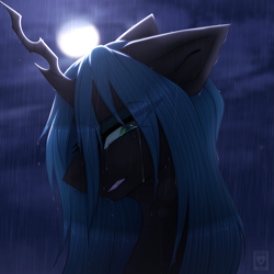 Size: 3000x3000 | Tagged: source needed, safe, artist:ouijaa, queen chrysalis, changeling, changeling queen, g4, crying, crying in the rain, fangs, female, high res, moon, rain, sad, solo