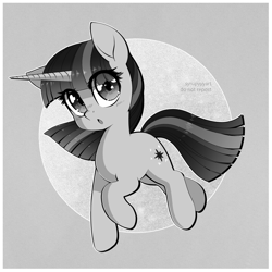 Size: 2299x2299 | Tagged: safe, artist:syrupyyy, twilight sparkle, pony, unicorn, g4, :o, cute, eye clipping through hair, female, grayscale, high res, horn, mare, monochrome, open mouth, ponytober, sparkly eyes, syrupyyy is trying to murder us, twiabetes, unicorn twilight, wingding eyes