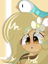 Size: 768x1024 | Tagged: safe, artist:grithcourage, oc, oc only, oc:grith courage, bird, pony, adorable face, cute, ear fluff, flower, fluffy, simple background, solo, thinking