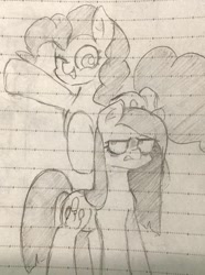 Size: 865x1162 | Tagged: safe, artist:metaruscarlet, pinkie pie, earth pony, pony, g4, angry, annoyed, duality, duo, female, grin, lined paper, mare, one eye closed, pinkamena diane pie, sketch, smiling, traditional art, wink