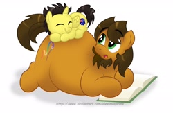 Size: 2616x1701 | Tagged: safe, artist:aleximusprime, oc, oc only, oc:alex the chubby pony, oc:tommy the human, alicorn, earth pony, pony, belly, big belly, book, butt, butt pillow, chubby, commission, commissioner:bigonionbean, duo, duo male, eyes closed, facial hair, fat, large butt, looking back, lying down, male, open mouth, simple background, sleeping, sleeping on top of someone, smiling, stallion, white background