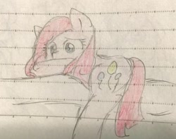 Size: 1123x887 | Tagged: safe, artist:metaruscarlet, pinkie pie, earth pony, pony, g4, cute, female, lined paper, mare, pinkamena diane pie, sad, sadorable, solo, traditional art