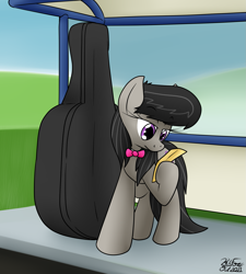 Size: 1521x1692 | Tagged: safe, artist:the-furry-railfan, octavia melody, earth pony, pony, g4, bowtie, bus stop, cello, musical instrument, octavia is not amused, paper, solo, unamused