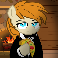 Size: 2048x2048 | Tagged: safe, artist:dtavs.exe, artist:pizzamovies, oc, oc only, oc:pizzamovies, earth pony, pony, acres avatar, base used, clothes, fire, fireplace, food, high res, hoof hold, indoors, lidded eyes, looking at you, male, meat, pepperoni, pepperoni pizza, pizza, solo, stallion, tuxedo, unamused