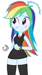Size: 666x1199 | Tagged: safe, artist:flutteryaylove, edit, rainbow dash, equestria girls, g4, black dress, blind date, blushing, clothes, cute, date night, dress, female, simple background, solo, stockings, thigh highs, white background