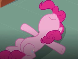 Size: 557x418 | Tagged: safe, screencap, pinkie pie, earth pony, pony, g4, too many pinkie pies, belly, female, imminent belly rub, lying down, on back, resting, smiling, solo, sugarcube corner