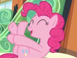Size: 352x264 | Tagged: safe, screencap, pinkie pie, earth pony, pony, g4, rock solid friendship, butt, eyes closed, female, legs raised, lying down, mare, on back, open mouth, plot, solo, train