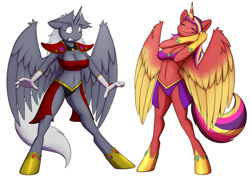 Size: 1250x900 | Tagged: safe, artist:tomek1000, oc, oc only, oc:virmare, alicorn, anthro, unguligrade anthro, alicorn oc, belly button, breasts, cleavage, clothes, commission, digital art, duo, duo female, eyes closed, female, gritted teeth, head wings, horn, post-transformation, shrunken pupils, simple background, skimpy outfit, smiling, tail, tank top, thighs, transformation, transgender transformation, white background, wide eyes, wide hips, wings