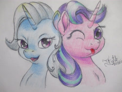 Size: 4608x3456 | Tagged: safe, artist:davidsoncch, starlight glimmer, trixie, pony, unicorn, g4, female, lesbian, one eye closed, raspberry, ship:startrix, shipping, smiling, tongue out, traditional art, wink