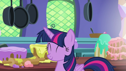 Size: 1280x720 | Tagged: safe, screencap, twilight sparkle, alicorn, pony, best gift ever, g4, ^^, cake, cute, eyes closed, female, food, frying pan, kitchen, mare, rolling pin, smiling, solo, twiabetes, twilight sparkle (alicorn), twilight's castle