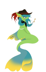 Size: 1964x3054 | Tagged: safe, artist:discoverstarsartwork, oc, oc only, merpony, pegasus, pony, seapony (g4), deviantart watermark, dorsal fin, feather, fish tail, flowing tail, green mane, hat, jewelry, key, necklace, obtrusive watermark, seaponified, simple background, smiling, solo, species swap, tail, transparent background, watermark