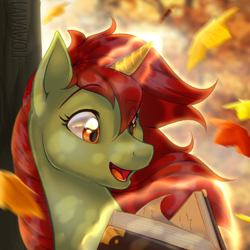 Size: 1000x1000 | Tagged: safe, artist:laivawolf, oc, oc only, pony, unicorn, book, leaves, solo