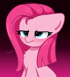 Size: 2342x2592 | Tagged: safe, artist:kittyrosie, pinkie pie, earth pony, pony, g4, ..., angry, chest fluff, cute, cuteamena, floppy ears, gradient background, grumpy, grumpy face, high res, madorable, pinkamena diane pie, solo
