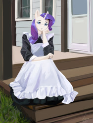 Size: 960x1280 | Tagged: safe, artist:louraa, rarity, unicorn, anthro, g4, clothes, digital art, dress, female, horn, house, maid, pose, sitting, solo, stairs