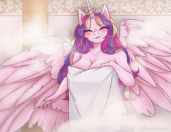 Size: 1280x992 | Tagged: safe, artist:blueomlette, princess cadance, alicorn, anthro, g4, adorasexy, big breasts, breasts, busty princess cadance, cute, cutedance, digital art, eyes closed, female, horn, large wings, milf, naked towel, open mouth, sauna, sexy, smiling, solo, spread wings, steam, sweat, towel, towel around breast, wing fluff, wings
