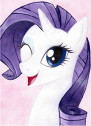 Size: 1152x1583 | Tagged: safe, artist:ziara12, rarity, pony, unicorn, g4, bust, female, mare, one eye closed, open mouth, open smile, smiling, solo, traditional art, watercolor painting, wink