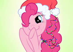 Size: 3508x2480 | Tagged: safe, artist:ziara12, pinkie pie, earth pony, pony, g4, christmas, christmas lights, female, gradient background, hat, high res, holiday, mare, one eye closed, santa hat, smiling, solo