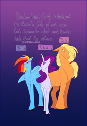 Size: 1367x1980 | Tagged: safe, artist:unfinishedheckery, applejack, rainbow dash, rarity, earth pony, pegasus, pony, unicorn, g4, dialogue, digital art, female, horn, mare, simple background, tail, text, trio, trio female, wings