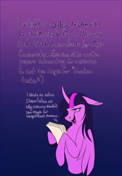 Size: 1367x1980 | Tagged: safe, artist:unfinishedheckery, twilight sparkle, alicorn, pony, g4, curved horn, dialogue, digital art, female, floppy ears, headcanon, horn, mare, open mouth, simple background, solo, talking, text, twilight sparkle (alicorn), wings