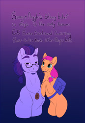 Size: 1367x1980 | Tagged: safe, artist:unfinishedheckery, argyle starshine, sunny starscout, earth pony, pony, g5, my little pony: a new generation, bag, dialogue, digital art, duo, father and child, father and daughter, female, glasses, headcanon, jewelry, looking at you, male, mare, necklace, open mouth, simple background, smug, speech bubble, stallion, text