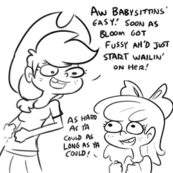 Size: 3300x3300 | Tagged: safe, artist:tjpones, apple bloom, applejack, human, g4, apple sisters, applejack's hat, black and white, cowboy hat, dialogue, duo, freckles, grayscale, hat, high res, humanized, implied child abuse, monochrome, siblings, simple background, sisters, white background