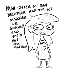 Size: 2675x2911 | Tagged: safe, artist:tjpones, apple bloom, human, g4, barefoot, child, dialogue, feet, female, freckles, high res, humanized, implied applecest, implied applemac, implied incest, implied marriage, implied shipping, implied shotgun wedding, implied straight, simple background, solo, talking to viewer, tooth gap, white background