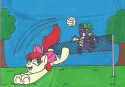 Size: 800x557 | Tagged: safe, artist:shawnventura, apple bloom, spike, dragon, earth pony, pony, g4, ball, female, filly, sports, volleyball