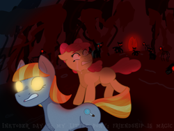 Size: 1280x960 | Tagged: safe, artist:scarlett-ink, apple bloom, oc, oc:ruby (story of the blanks), earth pony, pony, story of the blanks, g4, crying, female, filly, glowing, glowing eyes, inktober 2021, mare, nostalgia