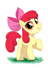Size: 586x864 | Tagged: safe, artist:artsymaria, apple bloom, earth pony, pony, g4, female, filly, raised hoof, smiling, solo
