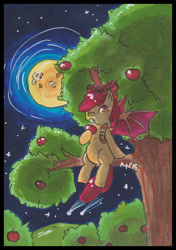 Size: 500x709 | Tagged: safe, artist:ayudrawpony, apple bloom, bat pony, pony, g4, apple, apple tree, bat ponified, bloombat, female, filly, food, moon, night, race swap, solo, stars, tree