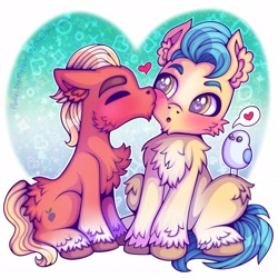 Size: 2048x2048 | Tagged: safe, artist:chocchippony, hitch trailblazer, sprout cloverleaf, bird, earth pony, pony, seagull, g5, my little pony: a new generation, blushing, cheek fluff, cheek kiss, chest fluff, critter magnet, ear fluff, eyes closed, gay, heart, high res, hitchsprout, kissing, male, shipping, stallion
