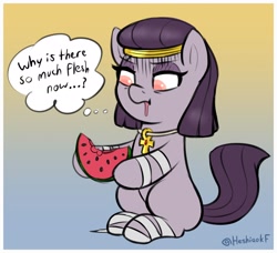 Size: 2068x1888 | Tagged: safe, artist:heretichesh, oc, oc only, oc:mummydew, earth pony, pony, ankh, eating, egyptian, egyptian pony, female, filly, foal, food, gradient background, herbivore, hoof hold, sitting, solo, thought bubble, watermelon
