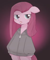 Size: 1480x1787 | Tagged: safe, artist:ginmaruxx, pinkie pie, earth pony, pony, g4, bipedal, clothes, female, hoodie, mare, pinkamena diane pie, solo, tongue out
