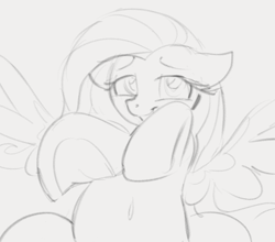 Size: 866x763 | Tagged: safe, artist:dotkwa, fluttershy, pegasus, pony, g4, belly, belly button, cute, female, floppy ears, grayscale, lidded eyes, lying down, mare, monochrome, on back, shyabetes, sketch, smiling, solo, underhoof