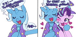Size: 2048x1003 | Tagged: safe, artist:cherivinca, starlight glimmer, trixie, pony, unicorn, g4, 2 panel comic, accessory swap, blush sticker, blushing, cape, closed, clothes, comic, cute, dialogue, diatrixes, duo, eye, eyelashes, eyes, eyes closed, female, floating heart, glimmerbetes, hat, heart, heart eyes, horn, hug, lesbian, mare, one eye closed, open mouth, open smile, ship:startrix, shipping, smiling, speech bubble, text, trixie's cape, trixie's hat, wingding eyes