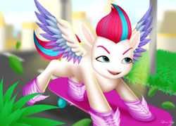 Size: 3500x2500 | Tagged: safe, artist:leonkay, zipp storm, pegasus, pony, g5, my little pony: a new generation, high res, skateboard, smiling, solo, spread wings, toy interpretation, wings
