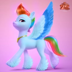 Size: 1080x1080 | Tagged: safe, artist:haruh_ink, artist:jonatancatalan, edit, rainbow dash, pegasus, pony, g4, g5, my little pony: a new generation, 3d, colored, colored wings, eyebrows, feathered fetlocks, g4 to g5, jewelry, looking at you, my little pony logo, necklace, palette swap, recolor, regalia, simple background, slender, solo, spread wings, thin, unshorn fetlocks, wings
