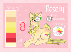 Size: 3000x2208 | Tagged: safe, artist:yuumirou, oc, oc only, oc:roselily, earth pony, pony, female, flower, flower in hair, high res, lying down, mare, prone, reference sheet, solo