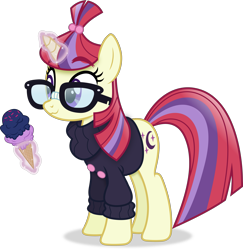 Size: 3997x4113 | Tagged: safe, artist:anime-equestria, moondancer, pony, unicorn, g4, :3, absurd resolution, adorkable, clothes, cute, dork, eyebrows, eyebrows visible through hair, female, food, glasses, glowing, glowing horn, horn, ice cream, levitation, magic, mare, multicolored mane, multicolored tail, purple eyes, shadow, simple background, smiling, solo, standing, sweater, tail, telekinesis, transparent background, vector