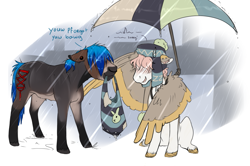 Size: 1107x735 | Tagged: safe, artist:royvdhel-art, oc, oc only, earth pony, pegasus, pony, bag, dialogue, duo, hat, mouth hold, pegasus oc, rain, umbrella, wings