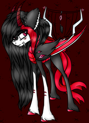 Size: 1965x2713 | Tagged: safe, artist:beamybutt, oc, oc only, demon, demon pony, pony, bat wings, ear fluff, hoof fluff, horns, red background, simple background, solo, wings