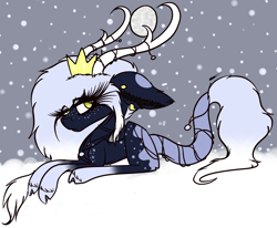 Size: 2640x2180 | Tagged: safe, artist:beamybutt, oc, oc only, pony, antlers, crown, ear fluff, eyelashes, female, high res, jewelry, lying down, mare, prone, regalia, snow, solo