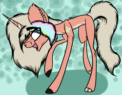 Size: 2104x1633 | Tagged: safe, artist:beamybutt, oc, oc only, pony, unicorn, abstract background, colored hooves, ear fluff, hoof polish, horn, open mouth, raised hoof, smiling, solo, unicorn oc