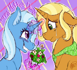 Size: 960x864 | Tagged: safe, artist:milledpurple, sunflower spectacle, trixie, pony, unicorn, g4, abstract background, bouquet, crying, duo, female, flower, glowing, glowing horn, grin, horn, magic, mare, mother and child, mother and daughter, mother's day, smiling, telekinesis