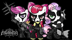 Size: 1440x800 | Tagged: safe, artist:flutterthrash, apple bloom, scootaloo, sweetie belle, earth pony, pegasus, pony, unicorn, g4, black metal, corpse paint, cutie mark crusaders, face paint, female, filly, metal, spiked wristband, spikes, trio, wristband