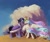 Size: 4096x3426 | Tagged: safe, artist:duvivi, idw, king sombra, princess celestia, alicorn, pony, unicorn, g4, reflections, cloud, crown, eyes closed, female, good king sombra, jewelry, male, mare, regalia, ship:celestibra, shipping, spread wings, stallion, straight, watermark, wings