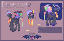 Size: 1200x762 | Tagged: safe, artist:risterdus, oc, oc only, oc:prismatic shard, bat pony, pony, female, reference sheet, solo