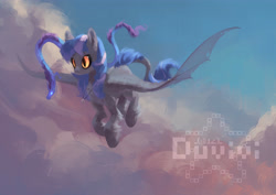 Size: 4093x2894 | Tagged: safe, artist:duvivi, artist:paipaishuaige, oc, oc only, bat pony, dragon, pony, bat pony oc, cloud, flying, spread wings, unshorn fetlocks, wings